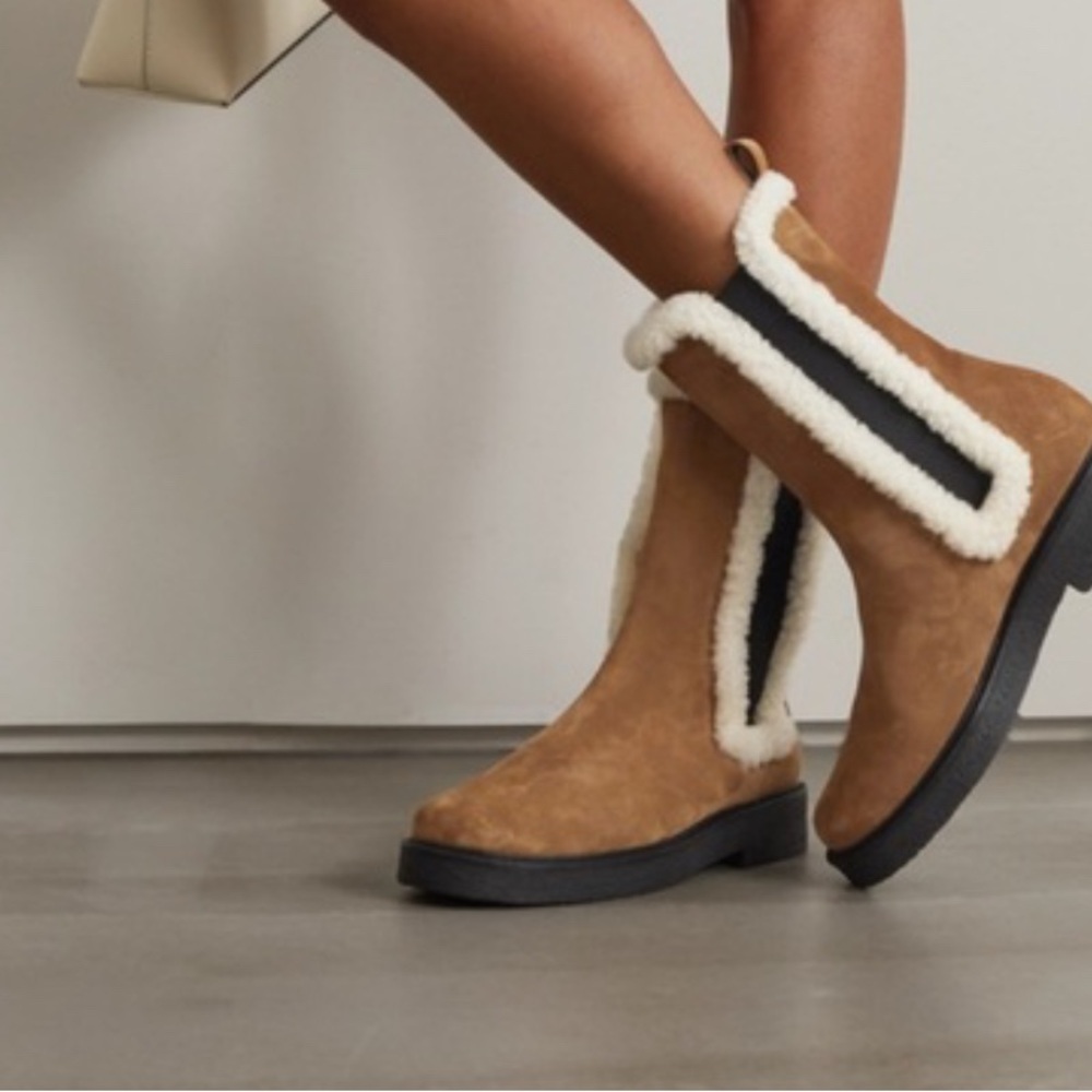 STAUD tan suede White Shearling Chelsea Boots